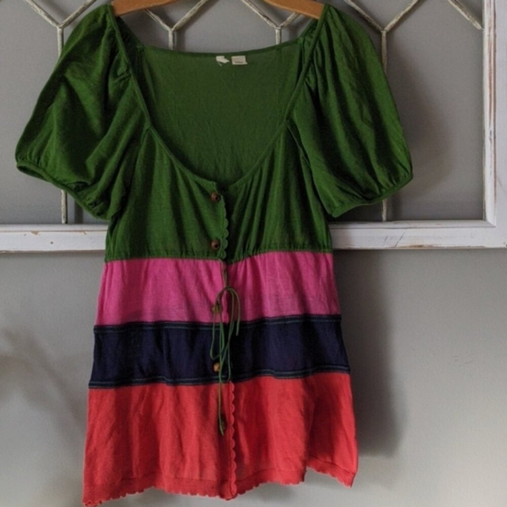 Anthropologie Moth Vintage puffed short sleeve color block sweater size large